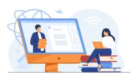 Female student listening webinar online flat vector illustration. Cartoon people at training, video conference or lecture. Computer study and education concept